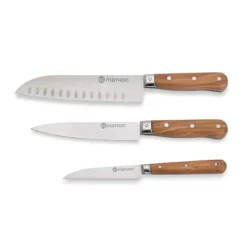 Set Couteau D'office + Couteau De Chef + Santoku En Bois D'olivier Et Lame Inox